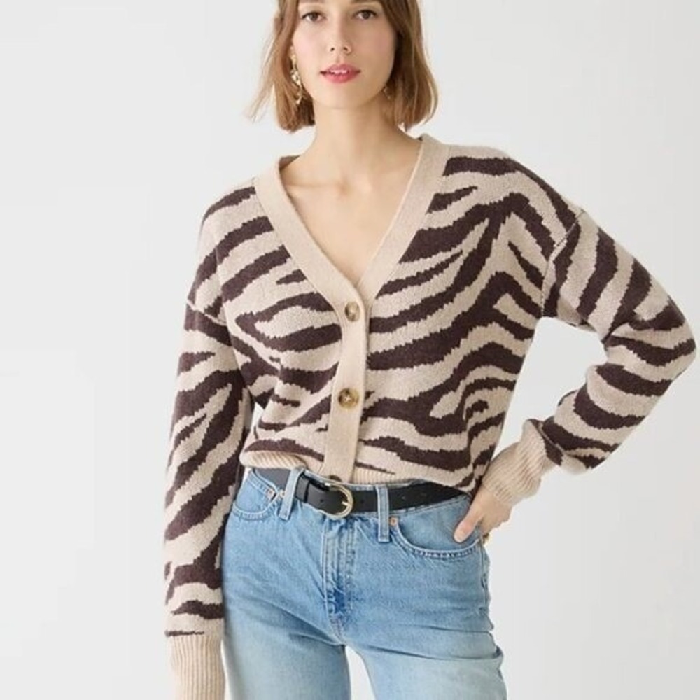 J.Crew Zebra Animal Print V-Neck Button Front Cardigan Brown Cream NWT L - Picture 9 of 12